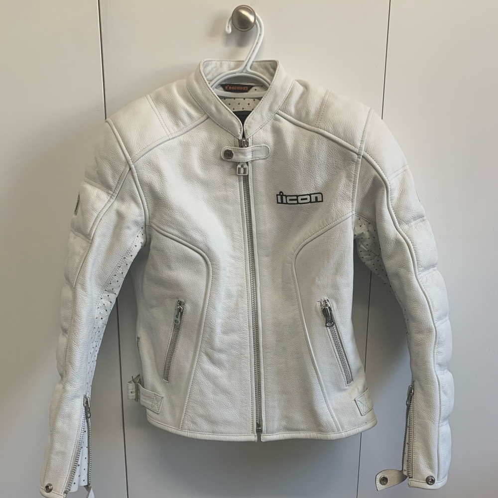 ICON Ladies White Leather Motorcycle Jacket Sz Small
